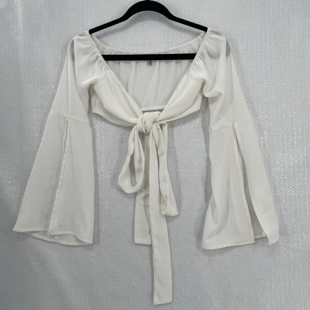 Tobi Crop Top Tie Front Small White Long Flare Sleeve Elastic Back Festival Boho - Picture 5 of 12